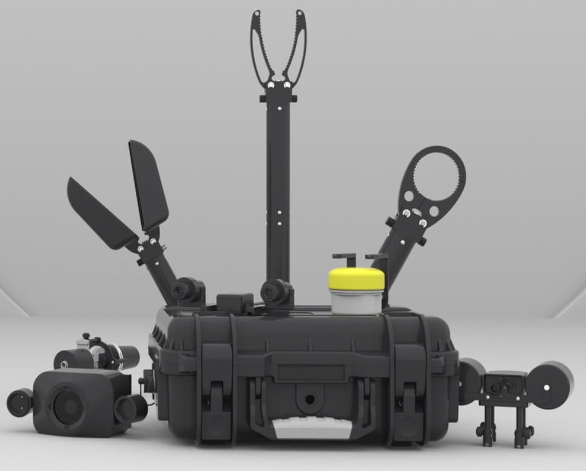Underwater drone ROV robotic grippers and camera accessories on black case, AlphaGeo Ltd