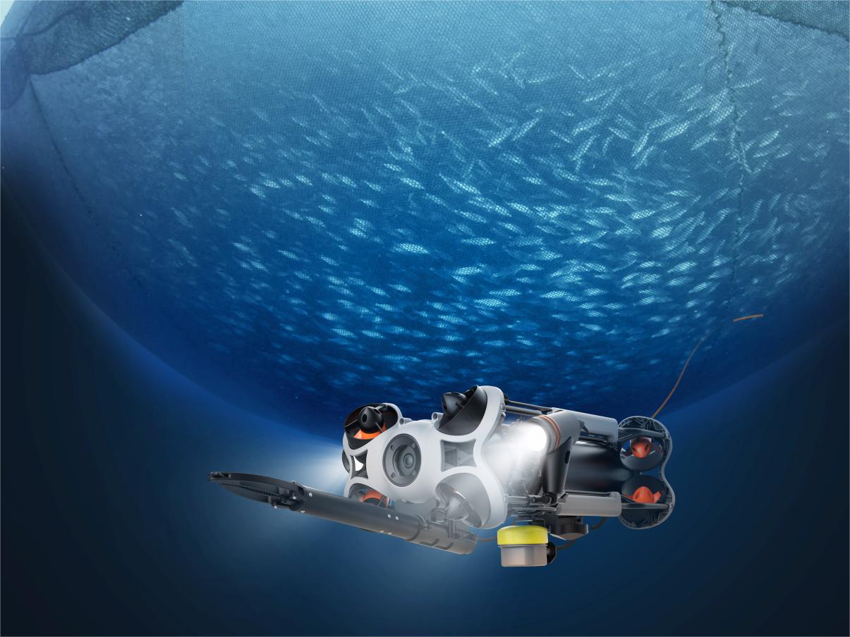 Underwater drone ROV inspecting fish farm net with LED lights, AlphaGeo commercial robotics equipment.