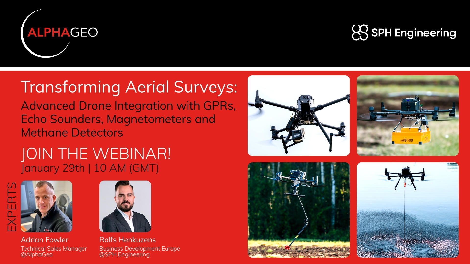 AlphaGeo webinar banner with drones, survey equipment, and details on aerial survey technology event.
