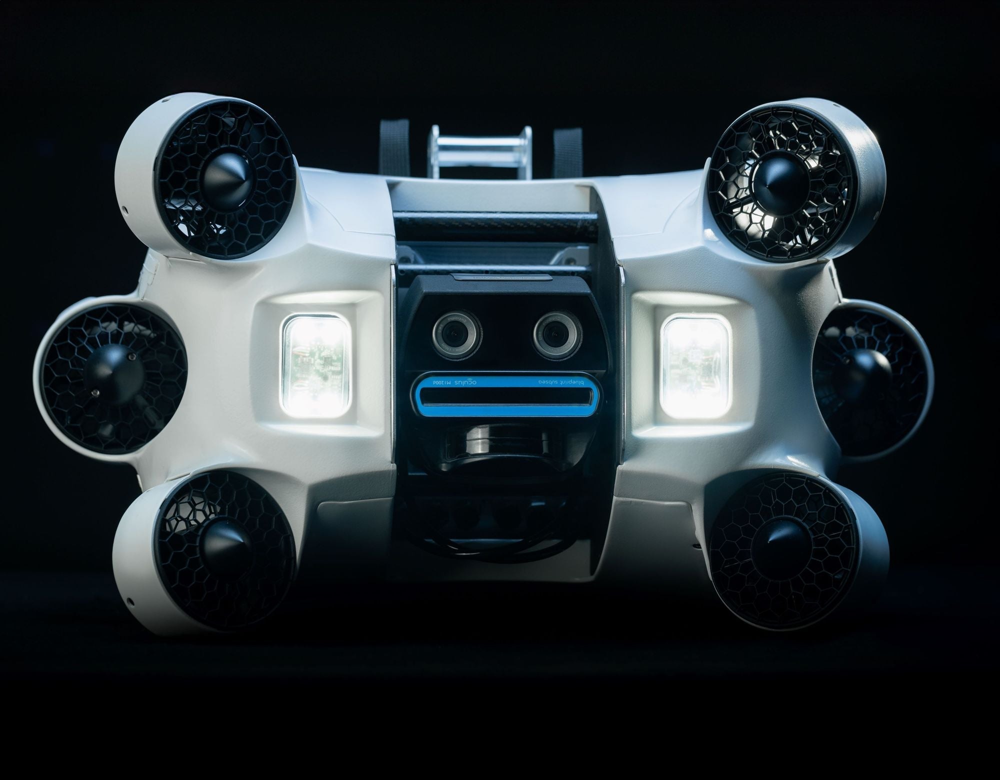 Close-up of underwater ROV drone with thrusters and lights, AlphaGeo survey equipment