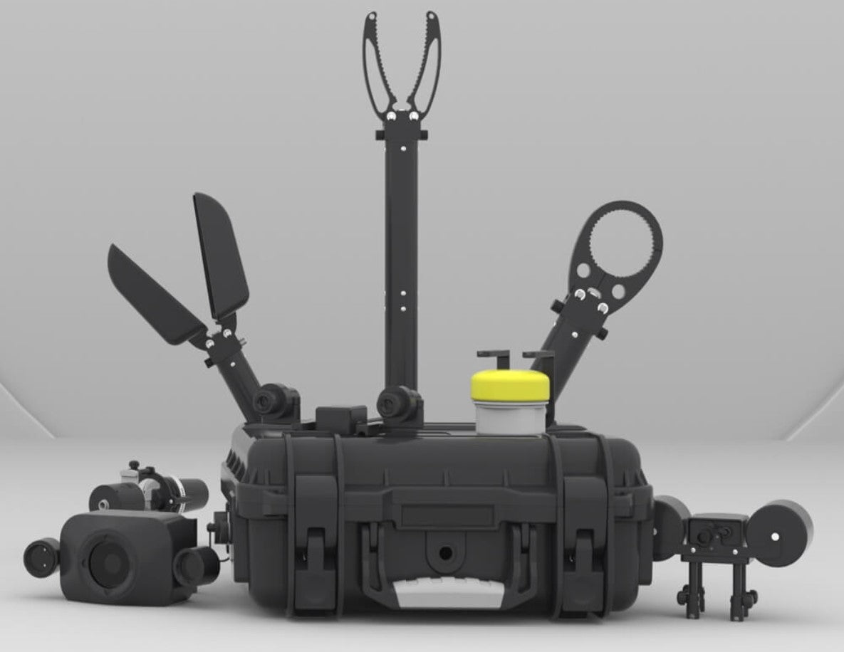 Underwater ROV robotic arm attachments and equipment case from AlphaGeo Ltd