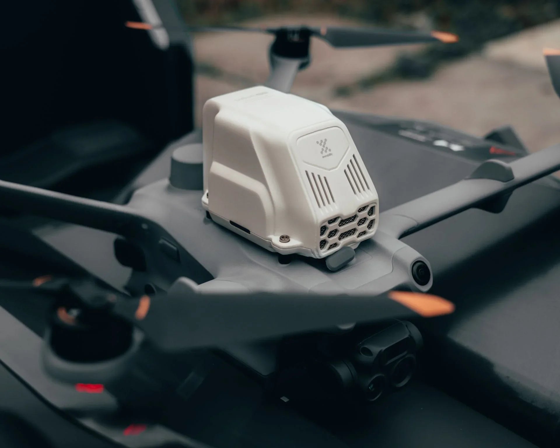 Close-up of commercial drone with advanced sensor module from AlphaGeo for industrial use