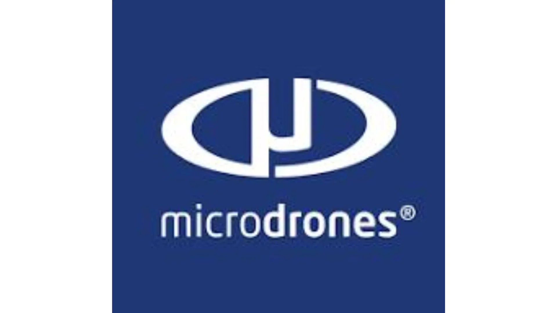 Microdrones logo on blue background, featured drone technology brand at AlphaGeo UK