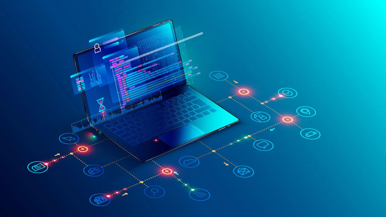 Futuristic laptop with digital interface displaying code, icons for cloud, data, and connectivity on blue background