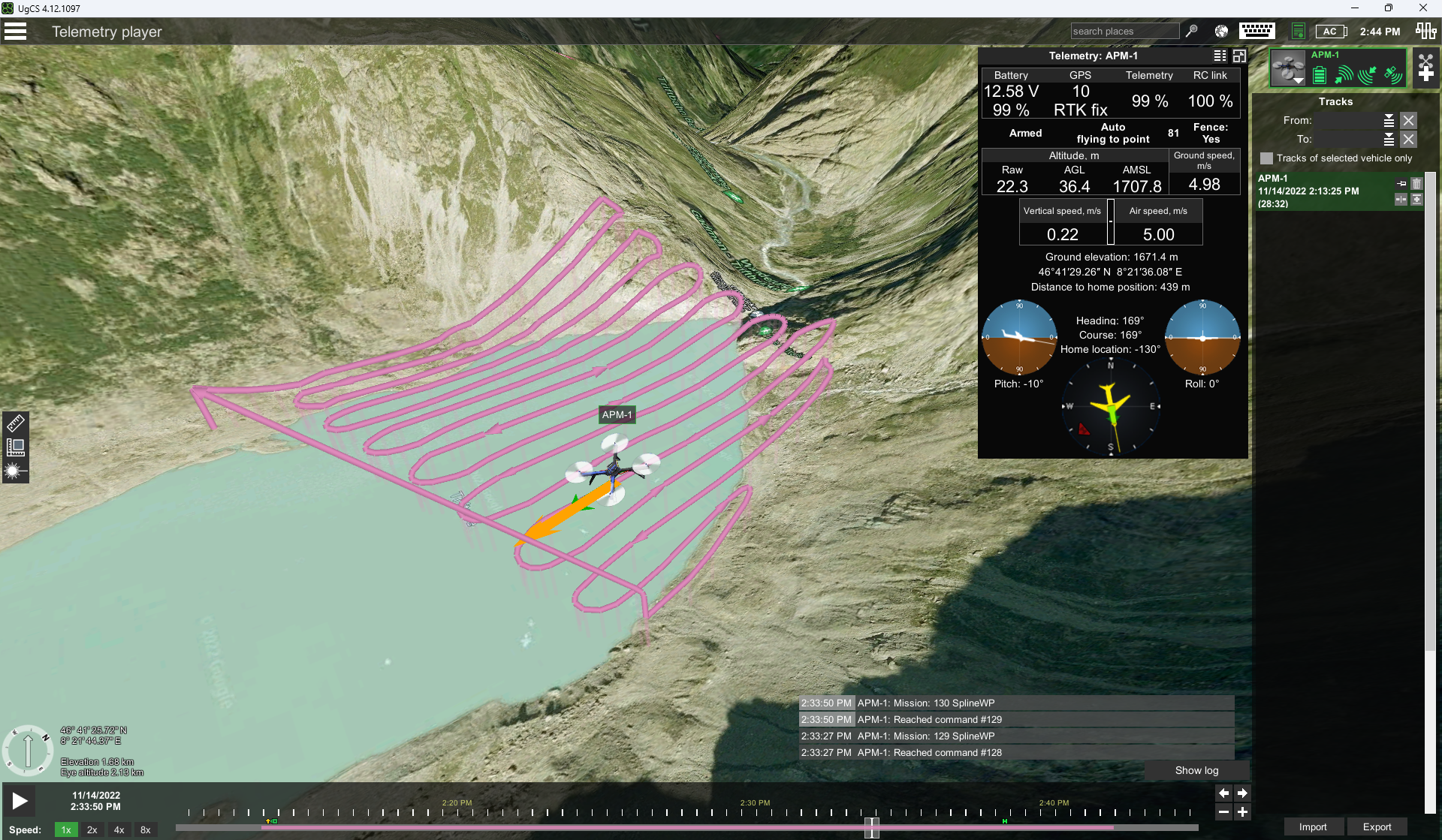 Drone flight path telemetry over a lake in mountainous terrain, UgCS software interface, AlphaGeo survey equipment