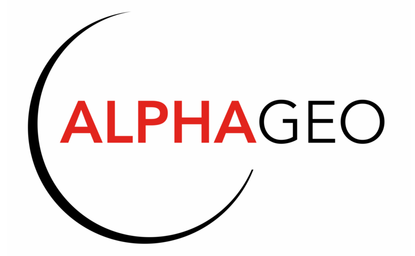 AlphaGeo Ltd logo with bold red and black text and a curved black line, Oxfordshire UK drone equipment retailer