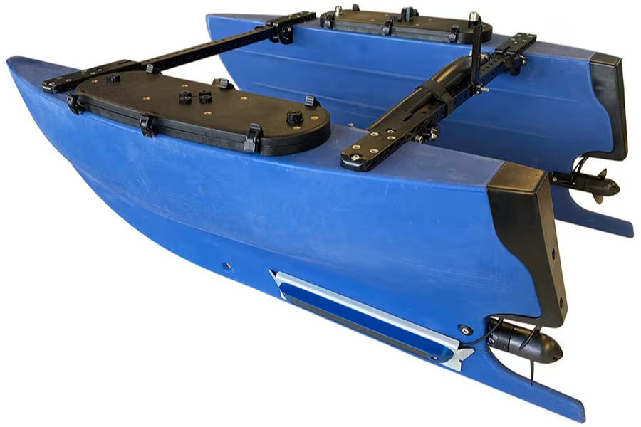 Blue dual-hull unmanned surface vessel for surveying, sold by AlphaGeo Ltd in Oxfordshire, UK.