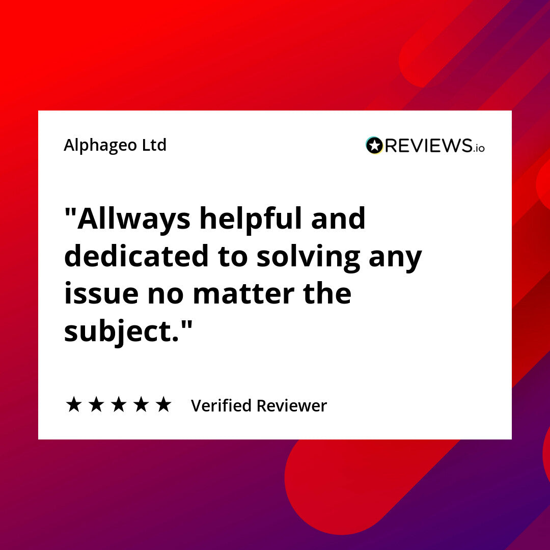 AlphaGeo Ltd customer review graphic with 5-star rating and positive testimonial on red background