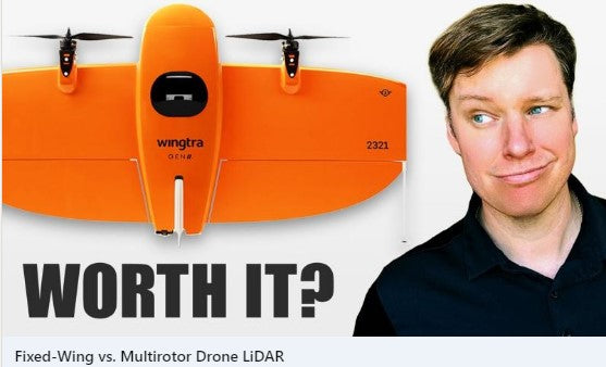 Man next to orange Wingtra fixed-wing drone with 'Worth It?' text, discussing drone LiDAR.