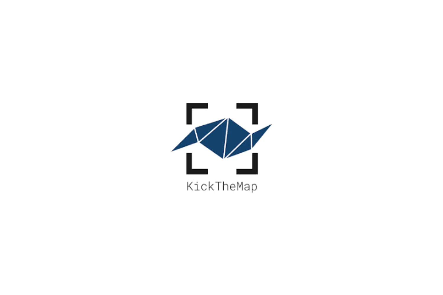 KickTheMap geometric origami turtle logo in blue with square brackets on white background