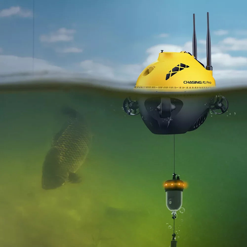 Chasing F1 Pro underwater drone for fish finding in a pond, shown above and below water