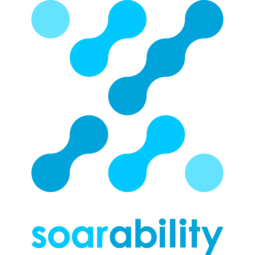 Soarability blue abstract tech logo with connected dots, AlphaGeo robotics equipment brand