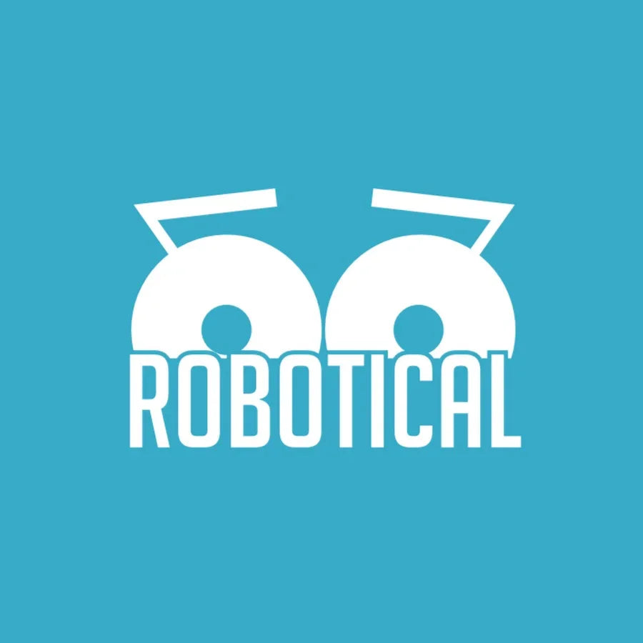 Robotical logo with stylized robot eyes on a blue background, AlphaGeo robotics branding